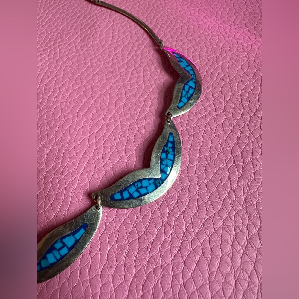 Vintage Mexico Alpaca Silver Blue Turquoise Inlay Wavy Necklace - Picture 3 of 6